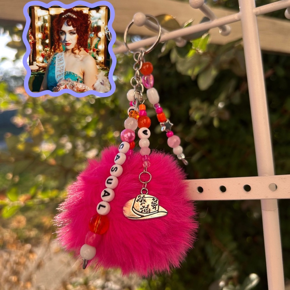 Pink Fluffy Keychain with Beads